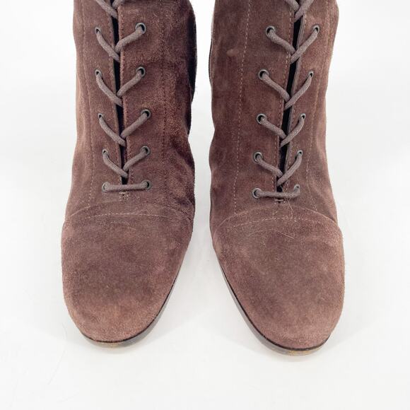 Vintage Prada Brown Suede Lace Up Square Toe High Heel Mid Calf Boots IT 37 - Picture 6 of 12